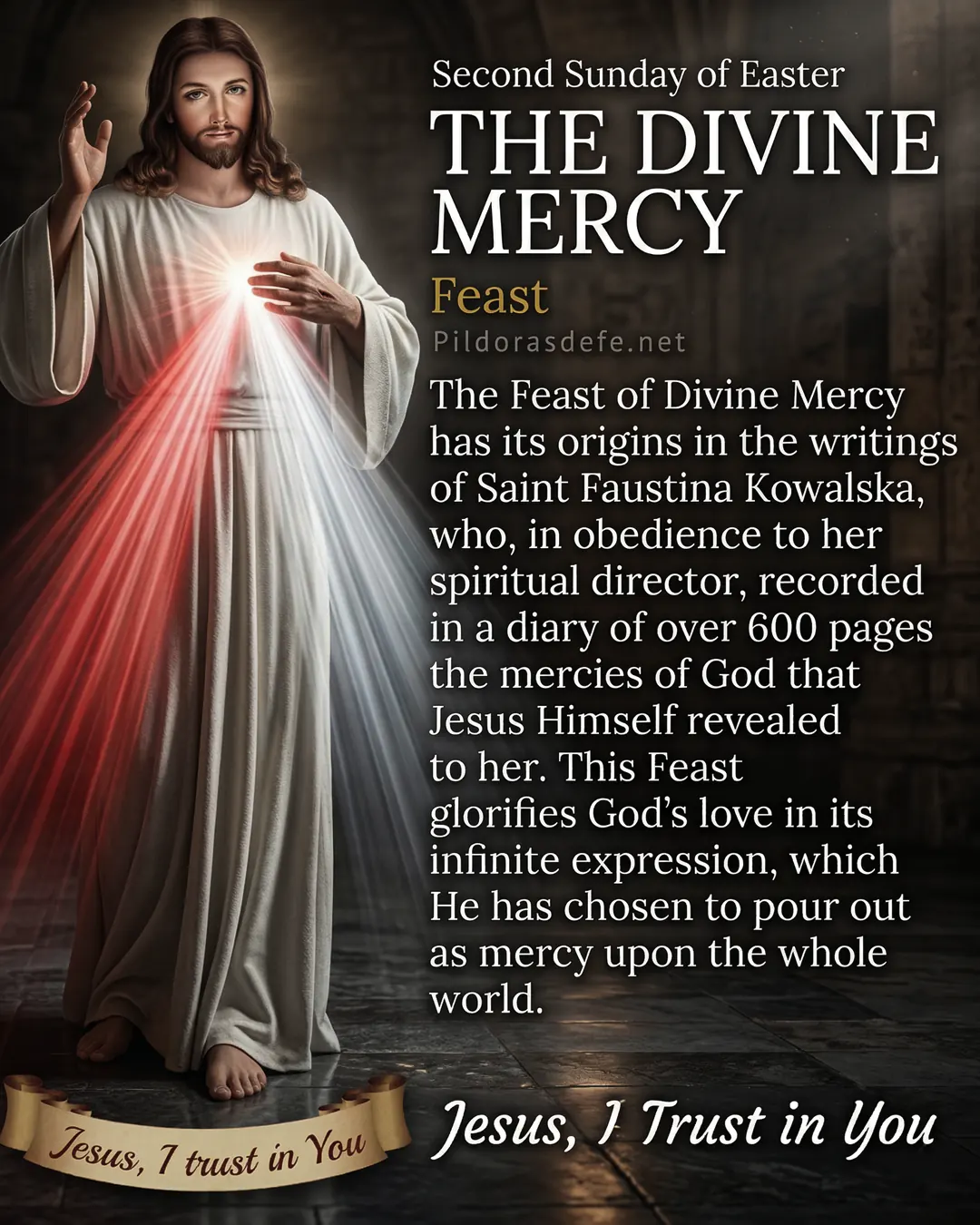 Image of Jesus of Divine Mercy with red and pale rays flowing from His Sacred Heart for the Feast of Mercy