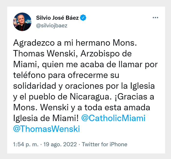 Obispo Silvio José Báez agradece a la iglesia de Miami