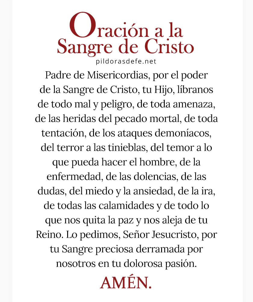 Oracion a la Preciosa Sangre de Cristo por proteccion Oración a la Preciosa Sangre de Cristo por protección