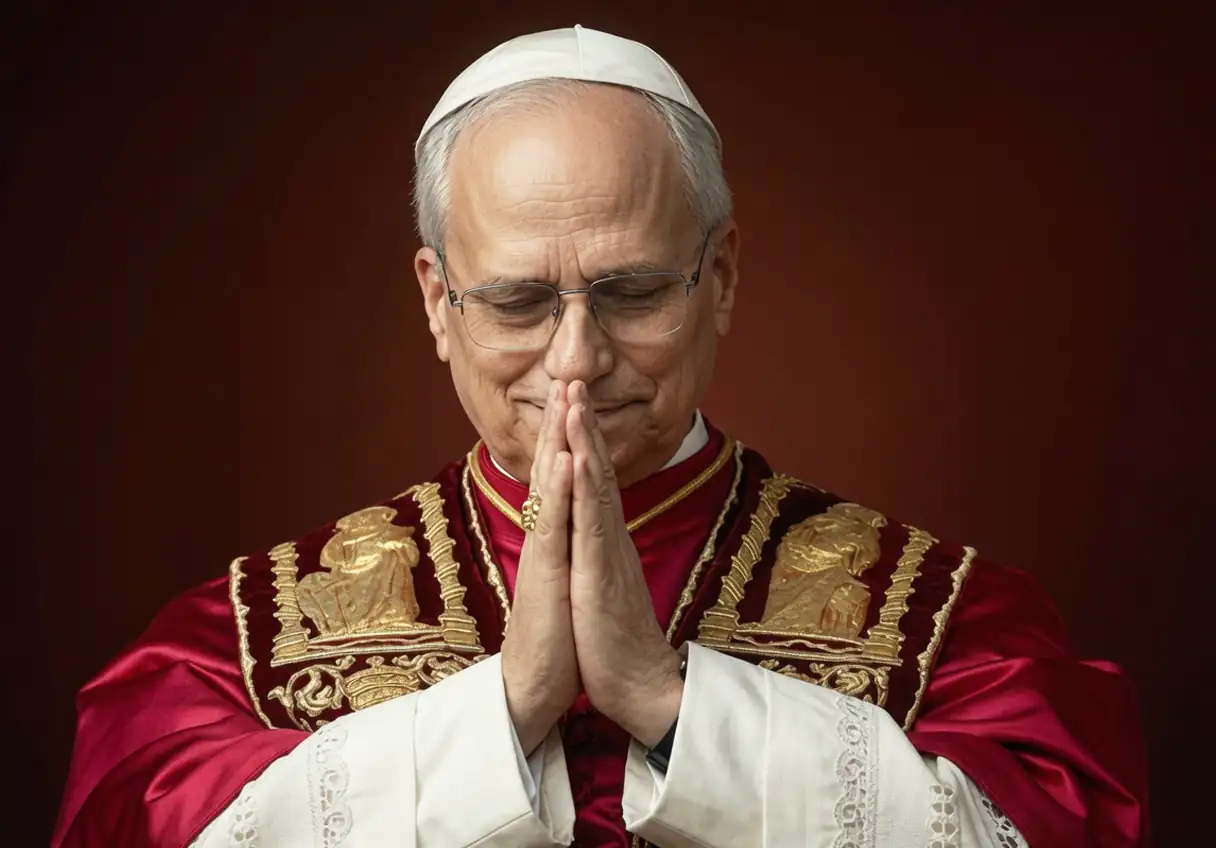 Pope Leo XIV Praying After Being Elected Pope St Peters Basilica Pope Leo XIV, clasping his hands in prayer, thanking God for his reception as the new Pope of the Church