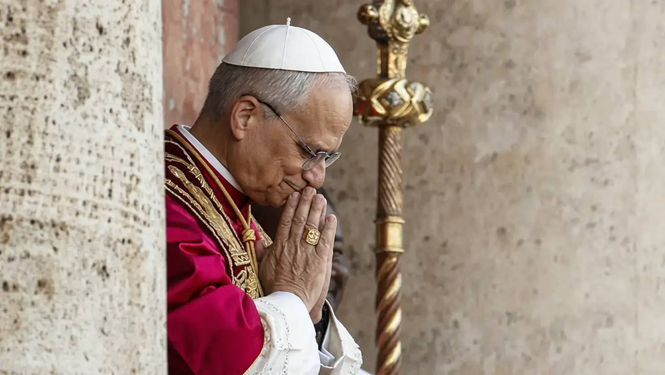 Pope Leo XIV praying on the balcony St Peters Basilica he was elected Pope Pope Leo XIV, in deep prayer on the Balcony of Saint Peter's Basilica