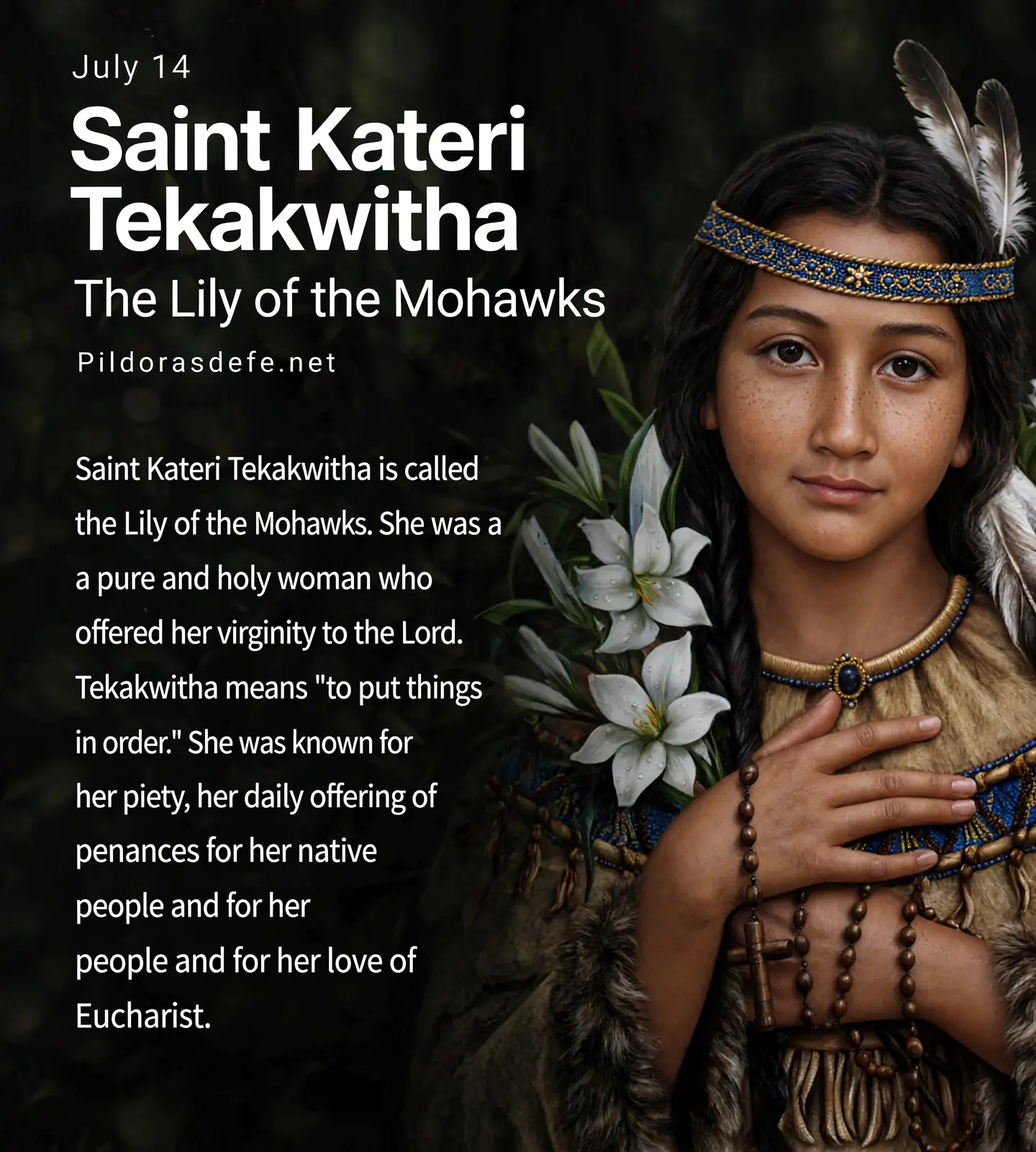 Saint Catherine Tekakwitha, the Iroquois Native American, Virgin, Lily of the Mohawks