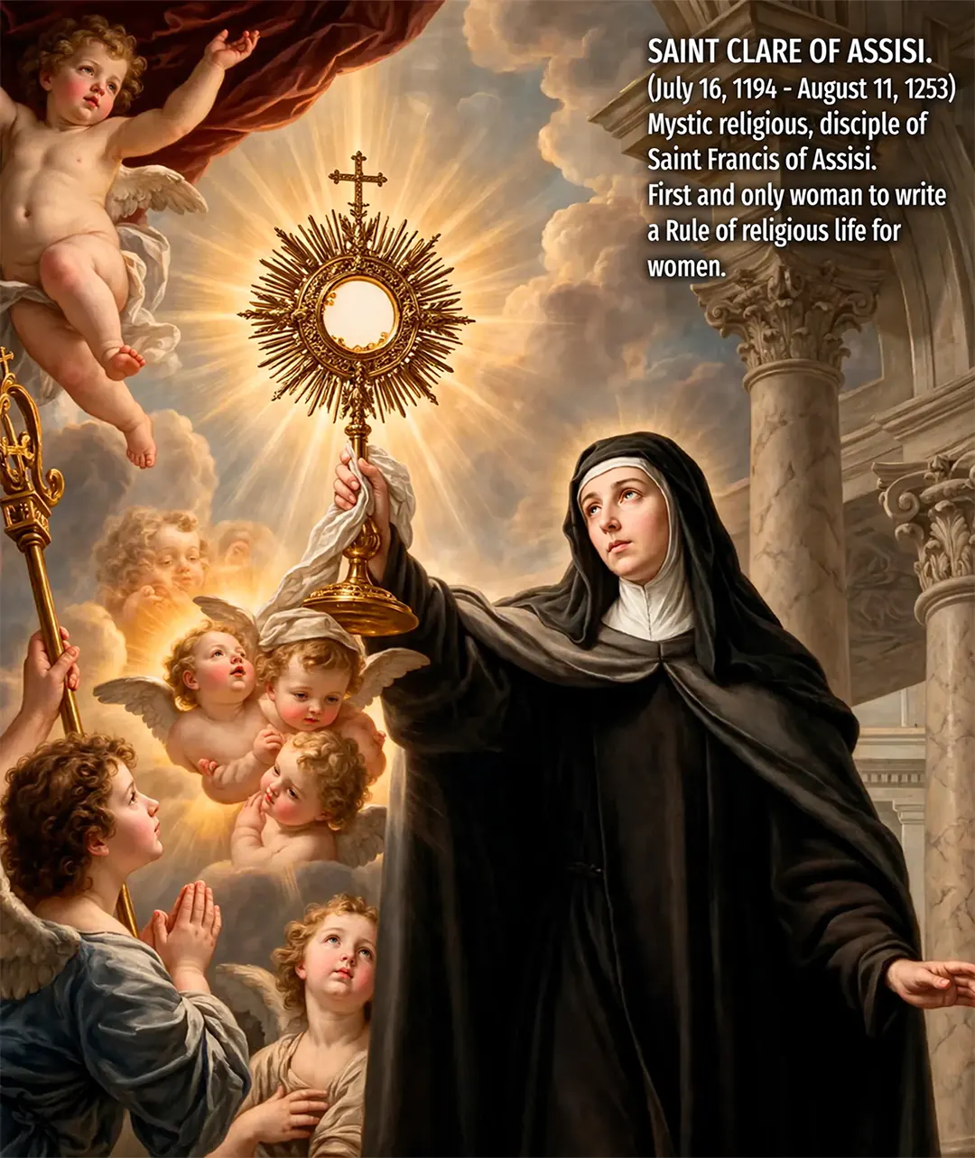 Saint Clare of Assisi patron saint of television Saint Clare of Assisi holding the Blessed Sacrament aloft
