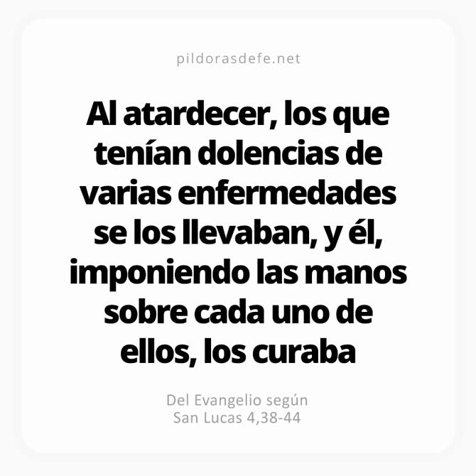 Cita bíblica del Evangelio de hoy (Lucas 4,38-44): Le llevaban a los enfermos, e imponiéndoles las manos, Él los curaba