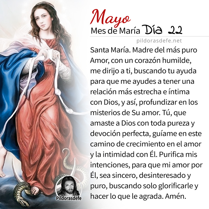 Oración a la Santísima Virgen María, para el día 22 de Mayo, mes de María