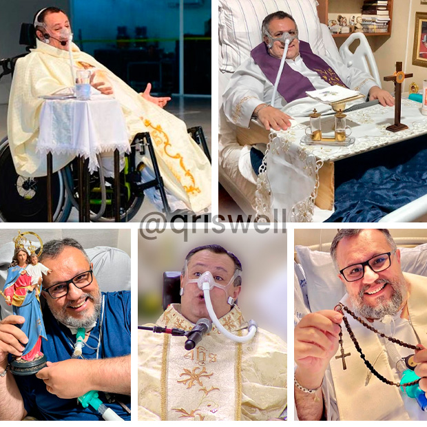 Padre Carlos Mucio celebra misa conectado a aparatos médicos