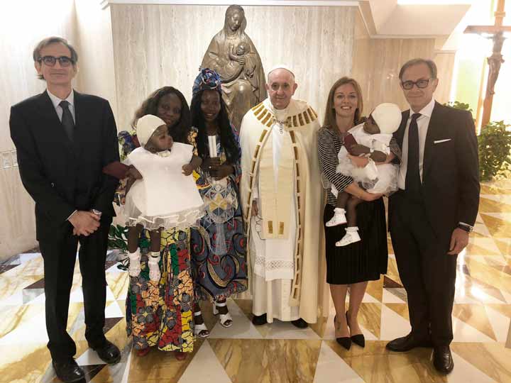 The twin babies after being baptized by Pope Francis in Saint Martha, Vatican