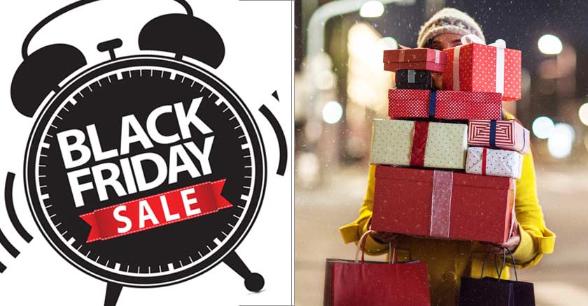 black friday ofertas mujer llevando muchas compras regalos cajas consumismo