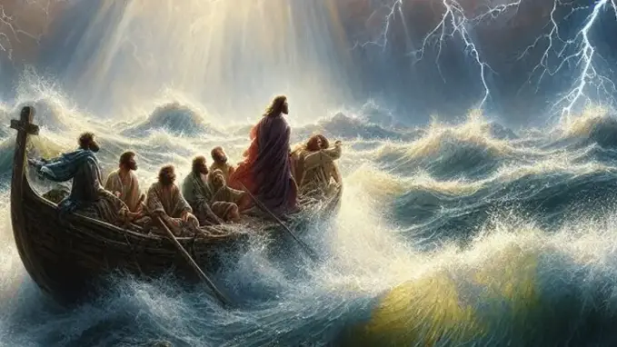 Jesucristo en la barca calma la tormenta y el viento