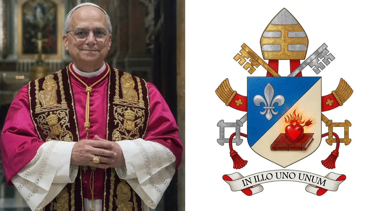 Official portrait signature coat arms Pope Leo XIVwebp