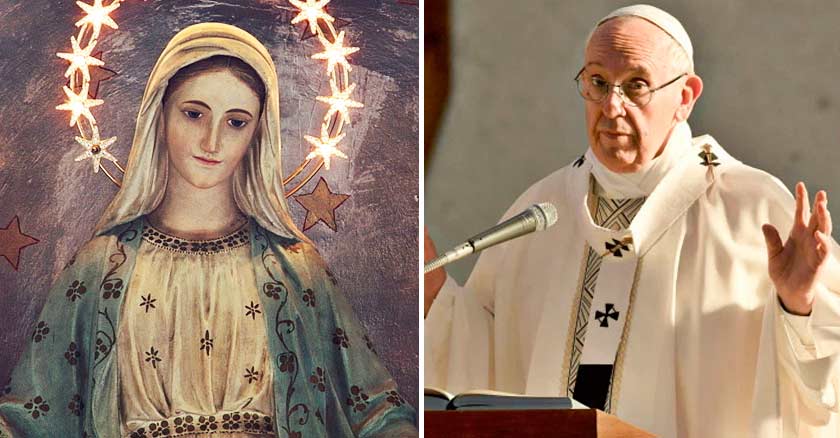 papa francisco con manos alzadas microfono virgen maria corona de estrellas