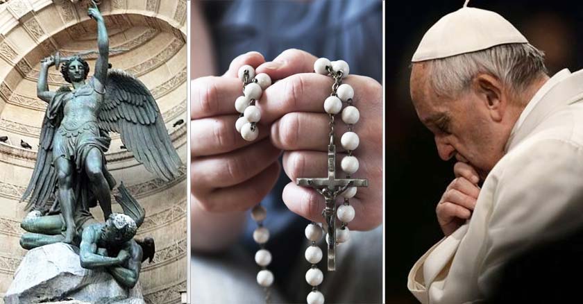 papa francisco rezando manos rezando un rosario san miguel arcangel pisa al demonio estatua