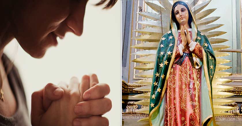 mujer con manos unidas en oracion orando imagen virgen de guadalupe estatua