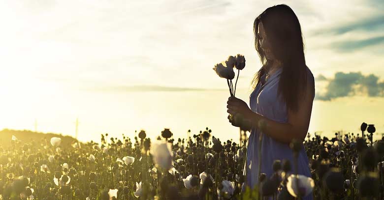 mujer en jardin natural recogiendo flores en la mano atardecer luz del sol 