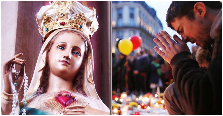 virgen maria reina de universo rosario en mano persona orando atentado